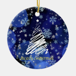 Adorno De Cerámica "Feliz Navidad" Árbol blanco sobre azul profundo