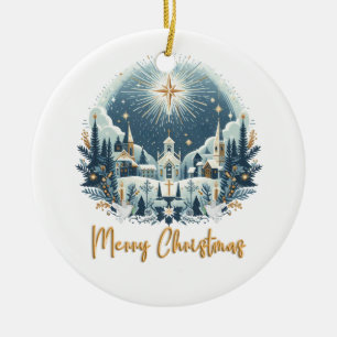 Adorno De Cerámica Feliz Navidad azul y oro