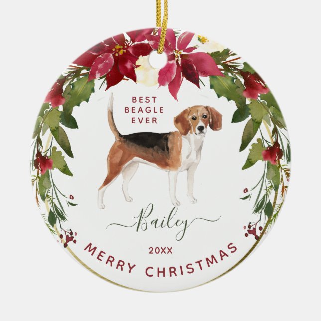 Adorno De Cerámica Feliz Navidad Beagle | Añadir la foto de tu perro (Frente)