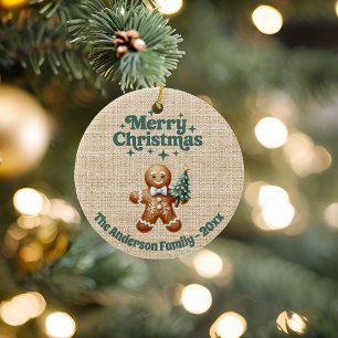 Adorno De Cerámica Feliz Navidad beige burlap gingerbread man