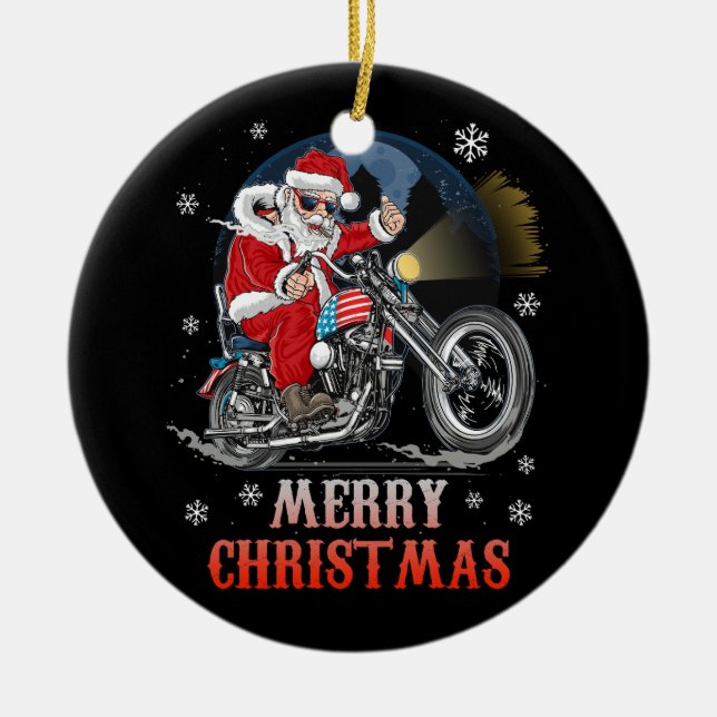 Adorno De Cerámica Feliz Navidad Bicicleta Santa Motocicleta Fan Xmas (Frente)