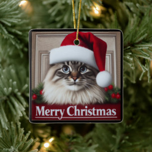 Adorno De Cerámica Feliz Navidad Birman Cat, Navidad Santa Birman Cat