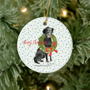 Adorno De Cerámica Feliz Navidad Black Lab Dog Wreath Holly Family