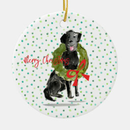 Adorno De Cerámica Feliz Navidad Black Lab Dog Wreath Holly Family