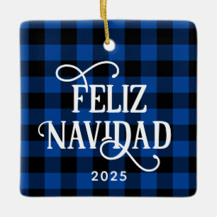 Adorno De Cerámica Feliz Navidad Blue Buffalo Plaid Familia Foto