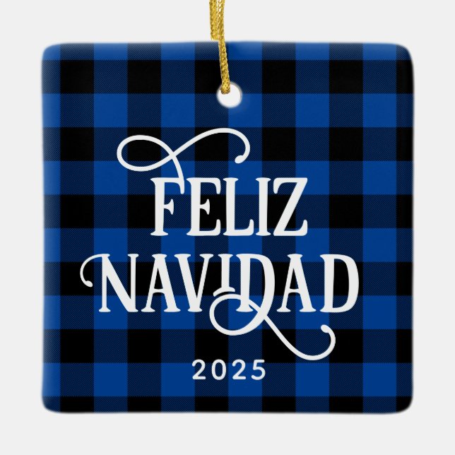 Adorno De Cerámica Feliz Navidad Blue Buffalo Plaid Family Photo (Anverso)