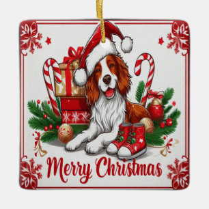 Adorno De Cerámica Feliz Navidad Británico Perro con Papá Noel