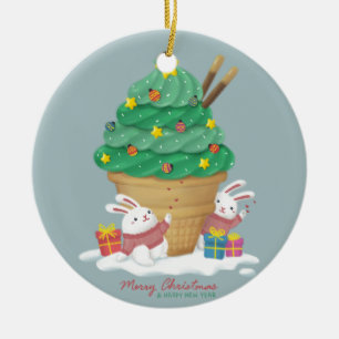 Adorno De Cerámica Feliz Navidad: Bunnies y helados