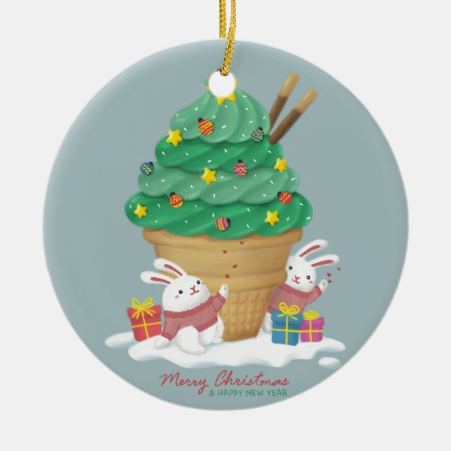 Adorno De Cerámica Feliz Navidad: Bunnies y helados (Frente)