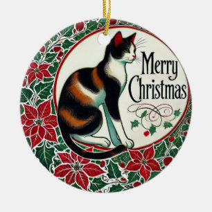 Adorno De Cerámica Feliz Navidad Calico Cat