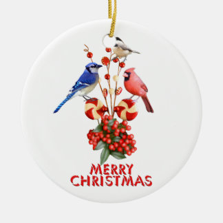 Adorno De Cerámica Feliz Navidad Cardenal Blue Jay Chickadee