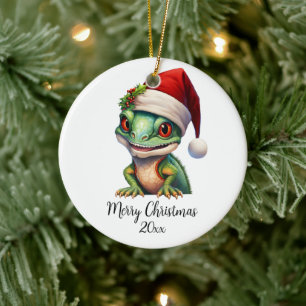 Adorno De Cerámica Feliz Navidad Chameleon Santa Hat Holly Personaliz