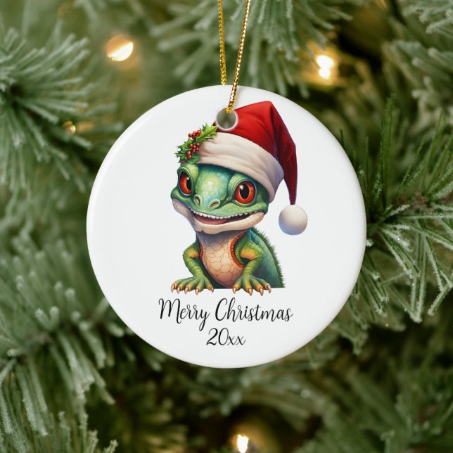 Adorno De Cerámica Feliz Navidad Chameleon Santa Hat Holly Personaliz (Árbol)