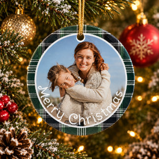 Adorno De Cerámica Feliz Navidad con Foto Familiar de Cuadro Escocés 
