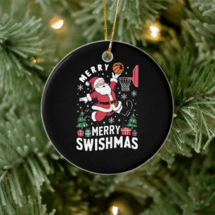 Adorno De Cerámica Feliz Navidad con Swishmas Santa jugando baloncest