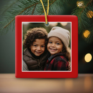 Adorno De Cerámica Feliz Navidad con una foto cuadrada - rojo