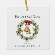 Feliz Navidad, corona de follaje con campanas dora