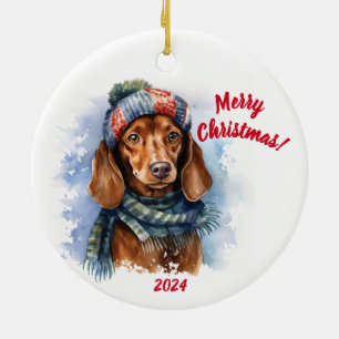 Adorno De Cerámica Feliz Navidad Dachshund: acuarela