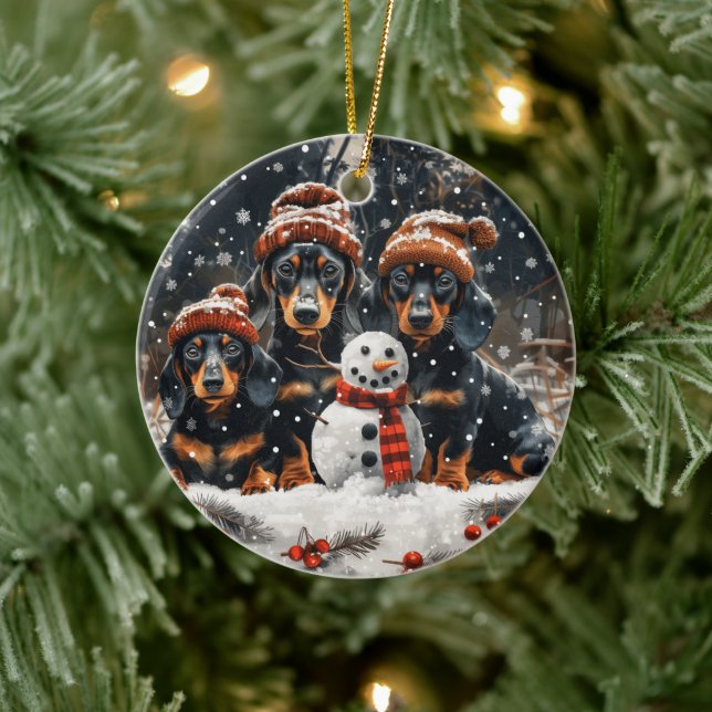 Adorno De Cerámica Feliz Navidad Dachshund Perros Snowman (Árbol)