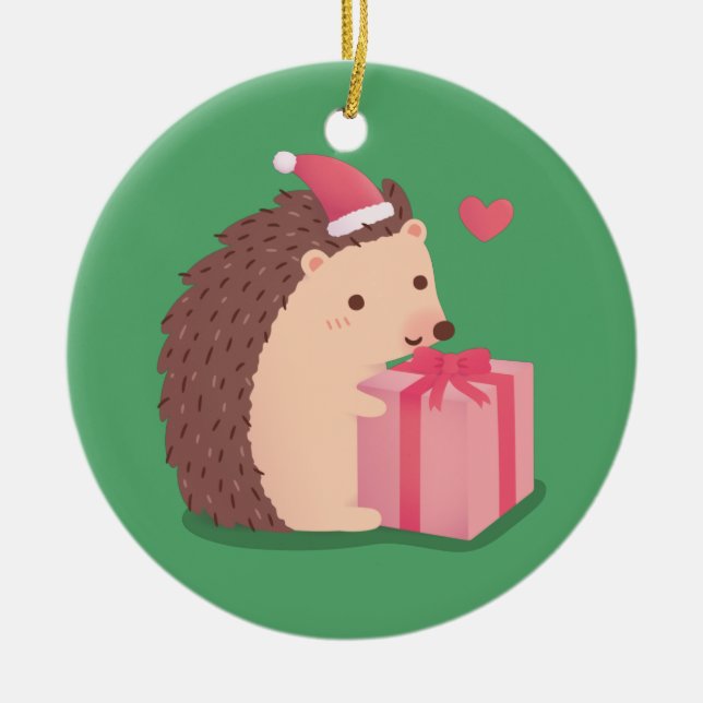 Adorno De Cerámica Feliz Navidad De Hedgehog Con Presente (Frente)