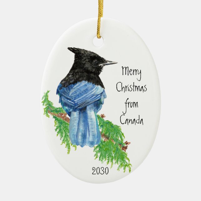 Adorno De Cerámica Feliz Navidad desde Canadá Stellar Jay Bird (Frente)