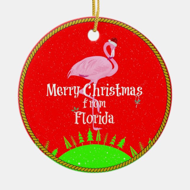 Adorno De Cerámica Feliz Navidad desde Florida y Santa Flamingo (Frente)