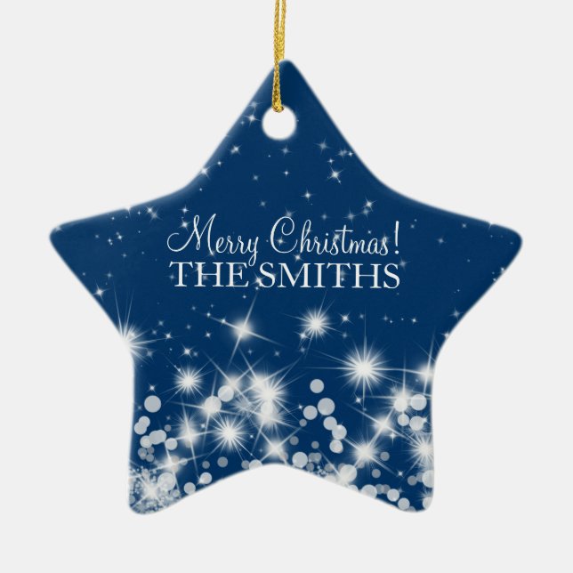 Adorno De Cerámica Feliz Navidad Elegante invierno Sparkle Royal Blue (Frente)