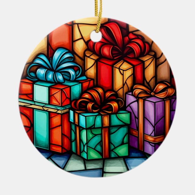 Adorno De Cerámica Feliz Navidad estilo de vidrio manchado (Frente)