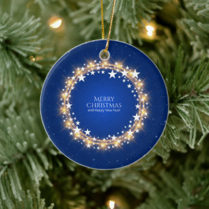 Adorno De Cerámica Feliz navidad Estrellas esparcantes Wreath Blue