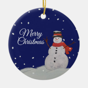 Adorno De Cerámica Feliz Navidad, feliz hombre de nieve en la nieve.