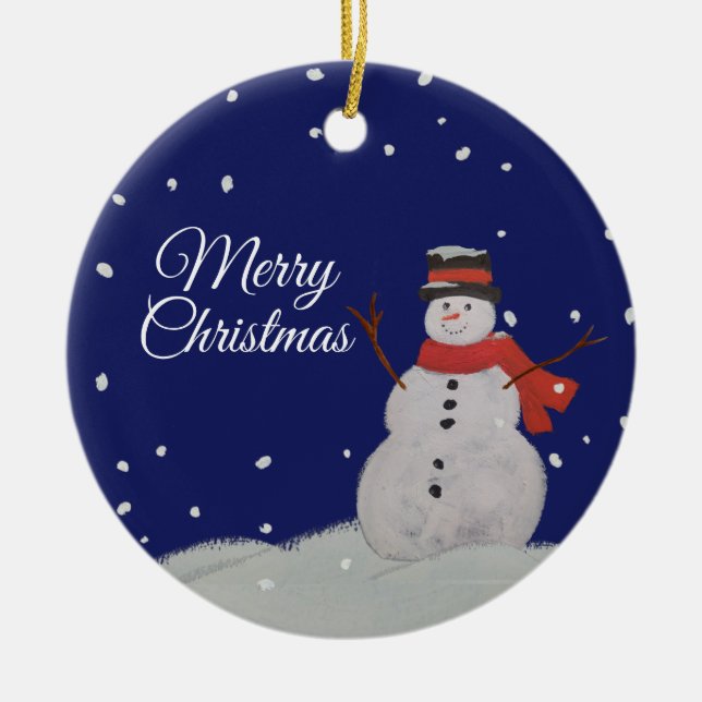 Adorno De Cerámica Feliz Navidad, feliz hombre de nieve en la nieve. (Frente)