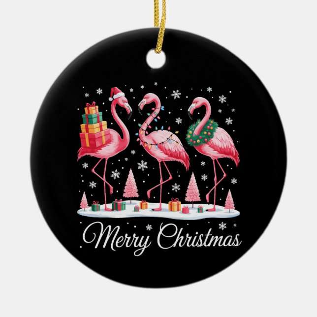 Adorno De Cerámica Feliz Navidad Flamingo Light Santa Hat Xmas (Frente)