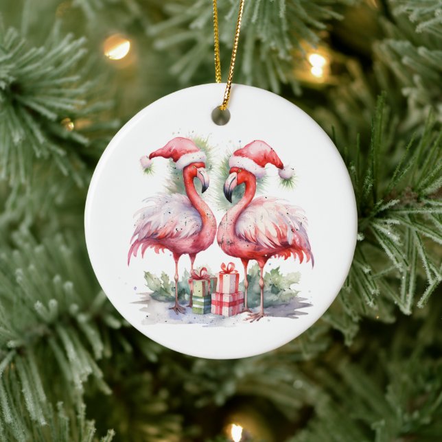 Adorno De Cerámica Feliz Navidad Flamingos rosas (Árbol)