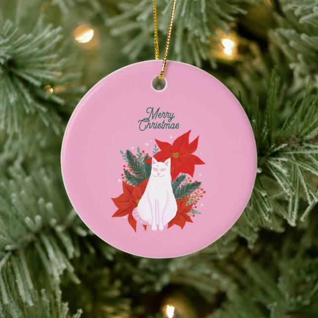 Adorno De Cerámica Feliz Navidad Floral Cat (Árbol)