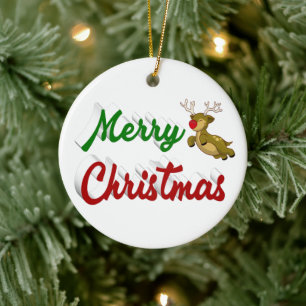 Adorno De Cerámica Feliz Navidad Flying Reindeer guión verde rojo
