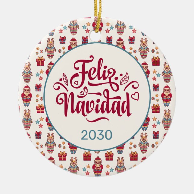 Adorno De Cerámica Feliz Navidad Folk Santa Reindeer Cream Personaliz (Frente)