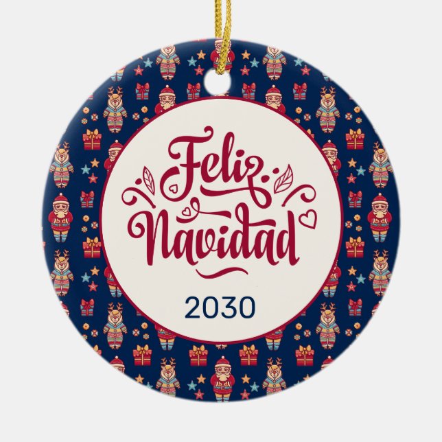 Adorno De Cerámica Feliz Navidad Folk Santa Reindeer Personalizado Az (Frente)