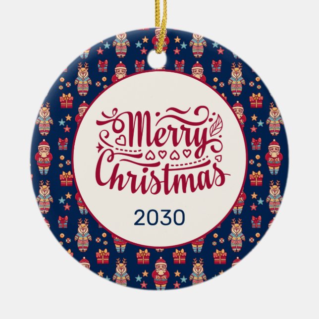 Adorno De Cerámica Feliz Navidad Folk Santa Reindeer Personalizado Az (Frente)