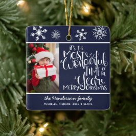 Adorno De Cerámica Feliz Navidad Foto Personalizada Copo de Nieve Azu