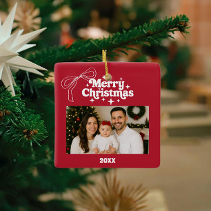 Adorno De Cerámica Feliz Navidad foto roja arco dibujado a mano retro