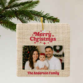 Adorno De Cerámica Feliz Navidad foto roja beige burlap