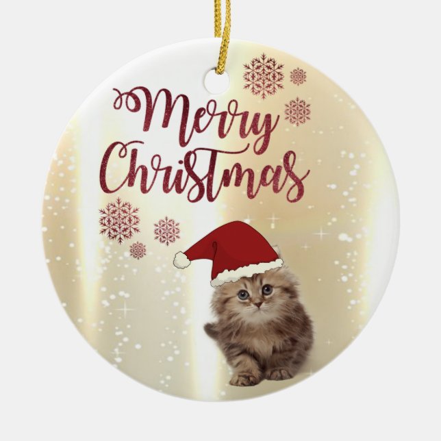 Adorno De Cerámica Feliz Navidad, Gato Con Sombrero De Santa (Frente)