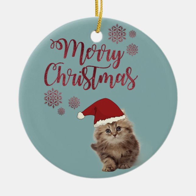 Adorno De Cerámica Feliz Navidad, Gato Con Sombrero De Santa (Frente)