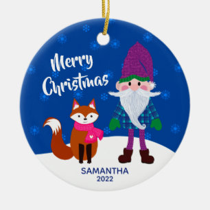 Adorno De Cerámica Feliz Navidad Gnome Fox noche personalizada Azul