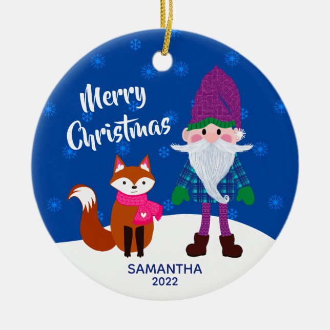 Adorno De Cerámica Feliz Navidad Gnome Fox noche personalizada Azul (Frente)