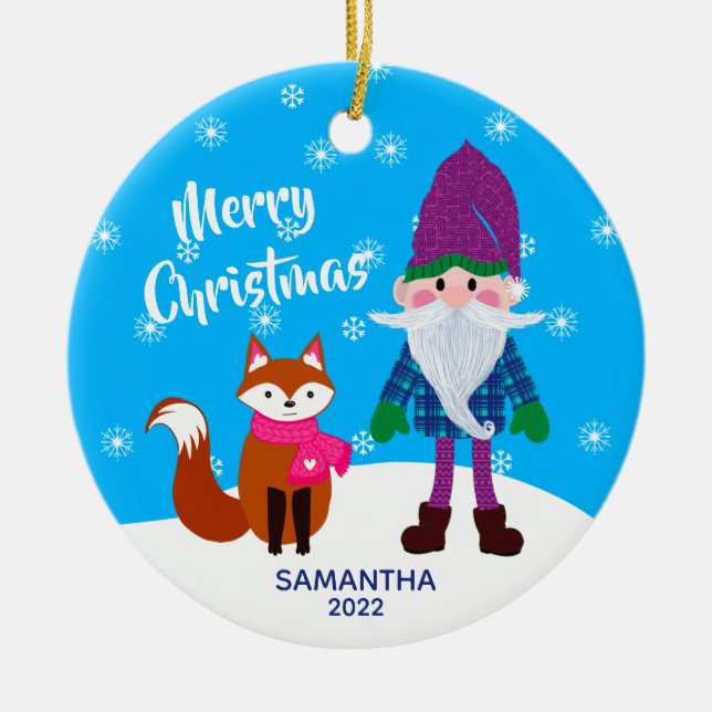 Adorno De Cerámica Feliz Navidad Gnome Fox personalizado (Frente)