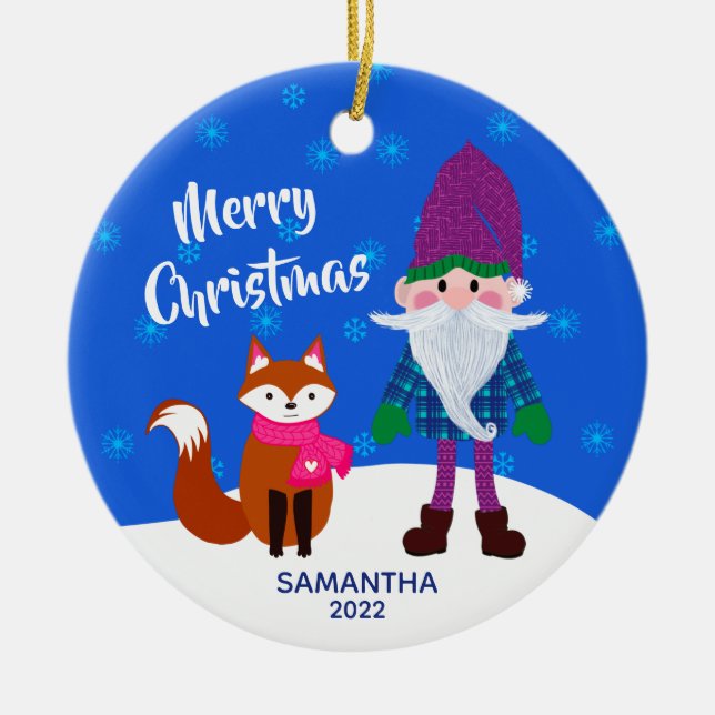 Adorno De Cerámica Feliz Navidad Gnome Fox Snowflakes Blue (Frente)