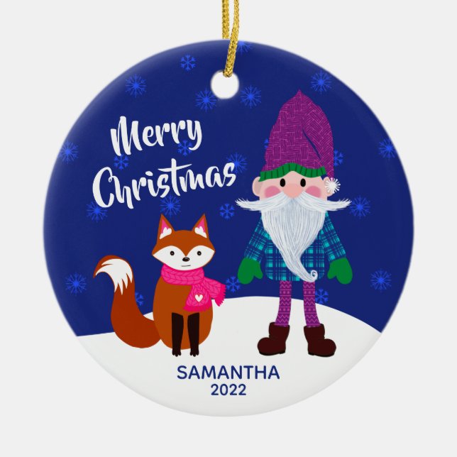 Adorno De Cerámica Feliz Navidad Gnome Fox Snowflakes Midnight Blue (Frente)