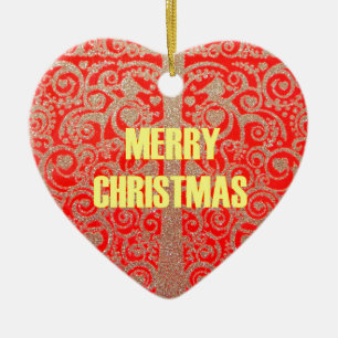 Adorno De Cerámica Feliz Navidad Golden Red Snow Hearts