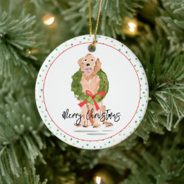 Adorno De Cerámica Feliz Navidad Golden Retriever Dog Wreath Holly